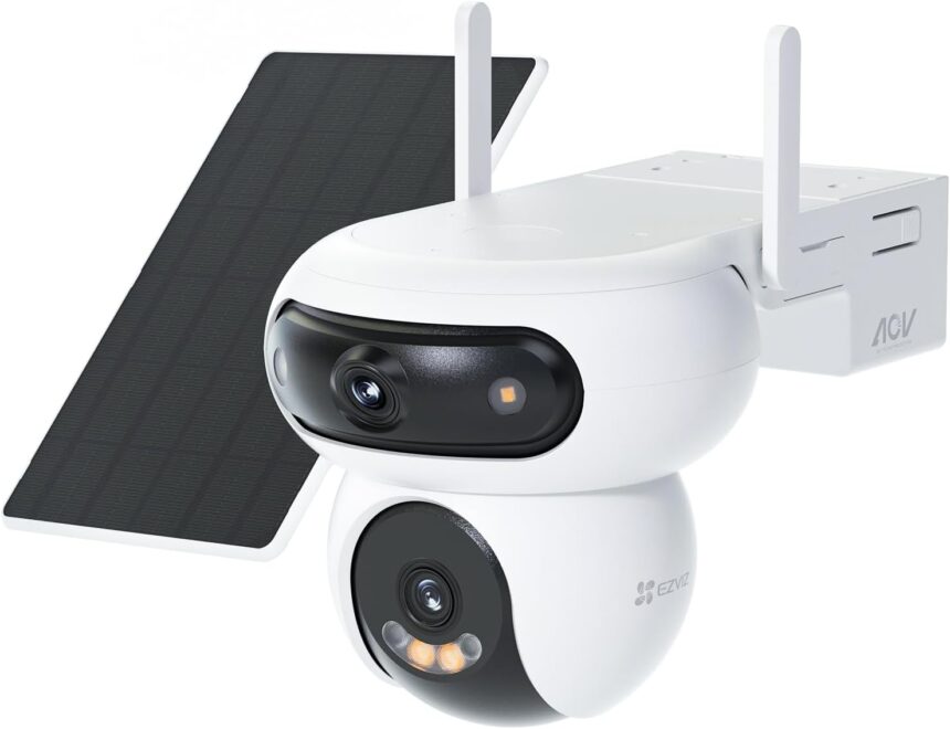 EZVIZ 8MP (4MP+4MP) Wireless Dual Lens Motorized WiFi Surveillance Camera, Solar Outdoor Camera, Always-on Mode, Person/Vehicle Detection, HB90 Dual+8W Solar Panel