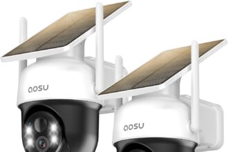 AOSU 2 Packs 2K Wireless WiFi Surveillance Camera Outdoor WiFi Solar Camera, 3MP 360° Panoramic PTZ, Vocture Vision, Light and Sound Alarm, Two-Way Audio