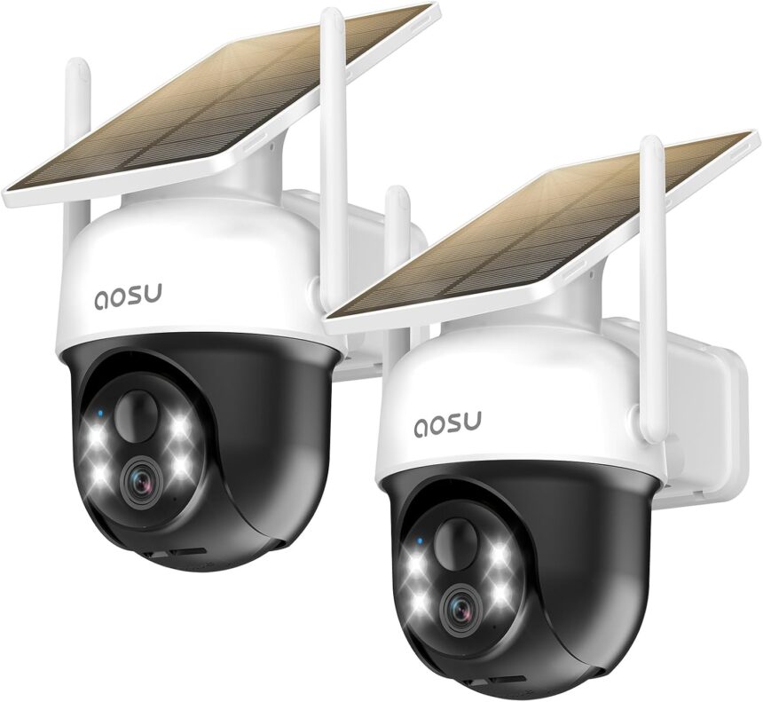 AOSU 2 Packs 2K Wireless WiFi Surveillance Camera Outdoor WiFi Solar Camera, 3MP 360° Panoramic PTZ, Vocture Vision, Light and Sound Alarm, Two-Way Audio