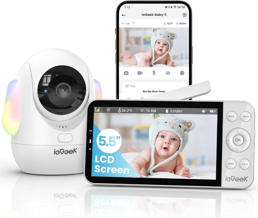 ieGeek 2.5K Baby Camera with Hidden Face Detection | 5.5 Inch HD Baby Camera Screen | Night Vision | Wi-Fi 2.4G/5G | 4000mAh Long Life | Motion Monitoring