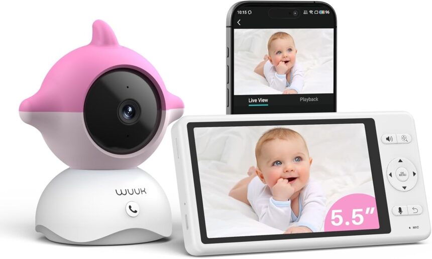 WUUK 2K/3MP 5.5 Inch Baby Monitor Camera, Video Baby Monitoring 360° PTZ with App, Motion Alert/Scream/Temperature and Humidity Alert, Ultra HD Night Vision, 3700 mAh Battery, Ultra Wide Angle 135°