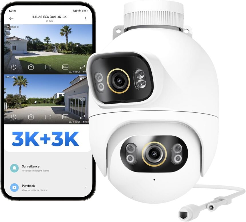 IMILAB EC6 Dual 3K + 3K WiFi Plug-in Spotlight Camera: 3K Dual Lens Camera for Home Security, Outdoor PTZ 360° Surveillance Camera, 24/7 Recording, Projector