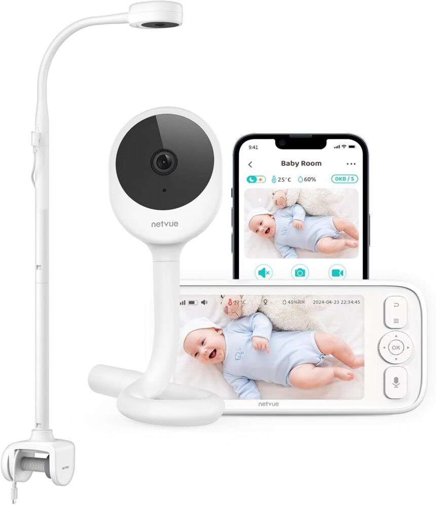 Netvue 1080P Baby Camera with Support 4 in 1, Enhanced 5000 mAh WLAN-free Babyphone, 5 Inch Wireless Baby Camera with Night Vision, App, Two-Way Audio, Crying Detection, VOX Mode