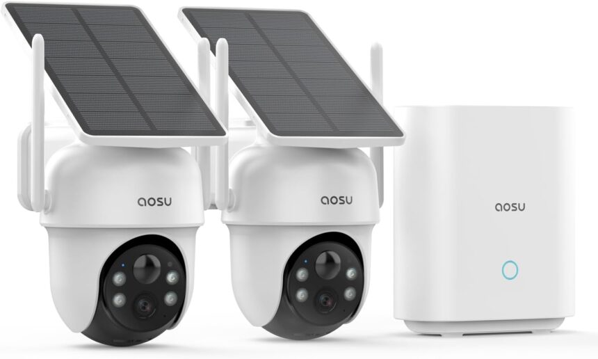 AOSU 2K Wireless Solar Outdoor Surveillance Camera, 2 Camera Kit with HomeBase, No Monthly Cost, 3MP 360° Panoramic, Automatic Tracking, Alert, Night Vision Colour, 2.4/5 GHz WiFi