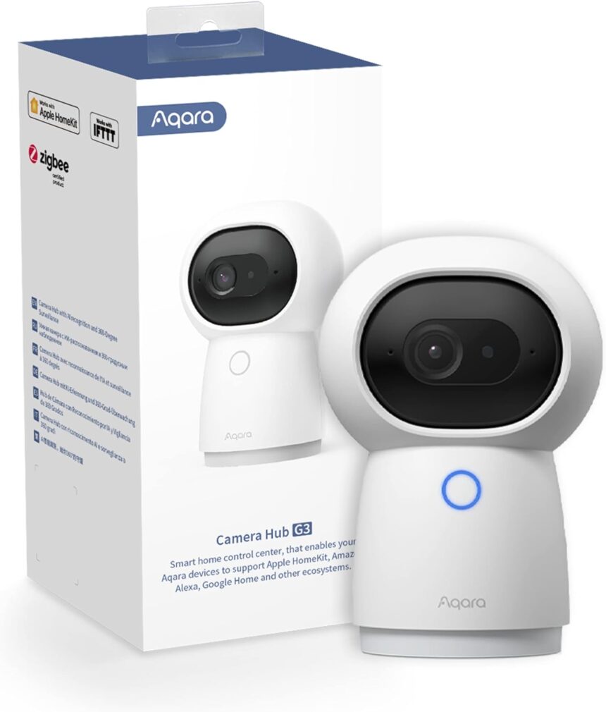 Aqara 2K PT Indoor Camera WiFi 2.4/5 GHz Hub G3, Face and Gesture Recognition, Infrared Remote Control, 360° Camera, Works with HomeKit Secure Video, Alexa, Google Assistant, IFTTT