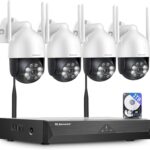 Jennov 【5MP + 360°PTZ Outdoor WiFi Surveillance Camera Kit, 10CH 5MP NVR 1TB and 4X5MP PTZ Camera with Two-Way Audio, Night Vision Colour, Person Detection, 24/7 Recording