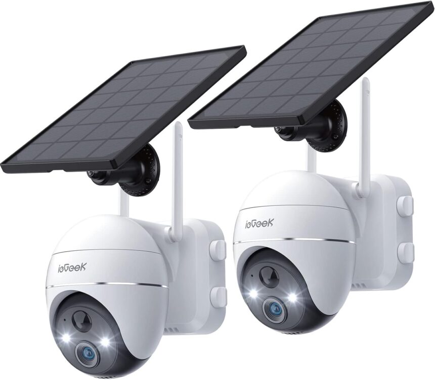 ieGeek 2K Solar Camera, IP Camera Battery, Night Vision, PIR Motion Detection, Alarm Siren, Two-Way Audio, 2 Pieces