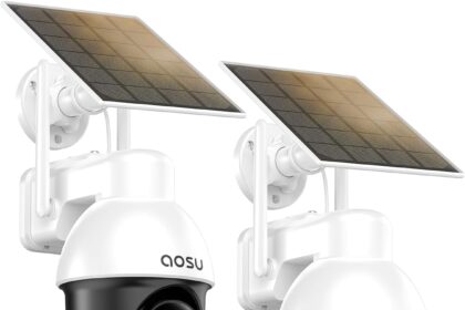 AOSU Outdoor Surveillance Camera with Solar Panel, PTZ, Automatic People Tracking, 2K Night Vision, Light and Sound Alarm, Two-Way Audio, Compatible with Alexa/Google