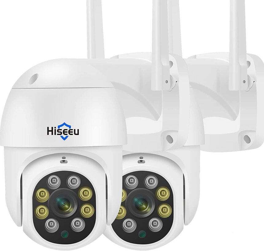 Hiseeu 2 Units Outdoor WiFi Surveillance Camera 2K 5MP PTZ IP Camera Night Vision Color Human Motion Detection Automatic Tracking 355° 90° Two-Way Audio SD Card IP66
