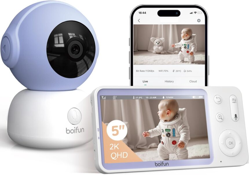 BOIFUN 2K 5" Baby Monitor Camera with Phone App, 360° Rotation, Motion Monitoring & Auto Tracking, Custom Area Detection, 4X Zoom