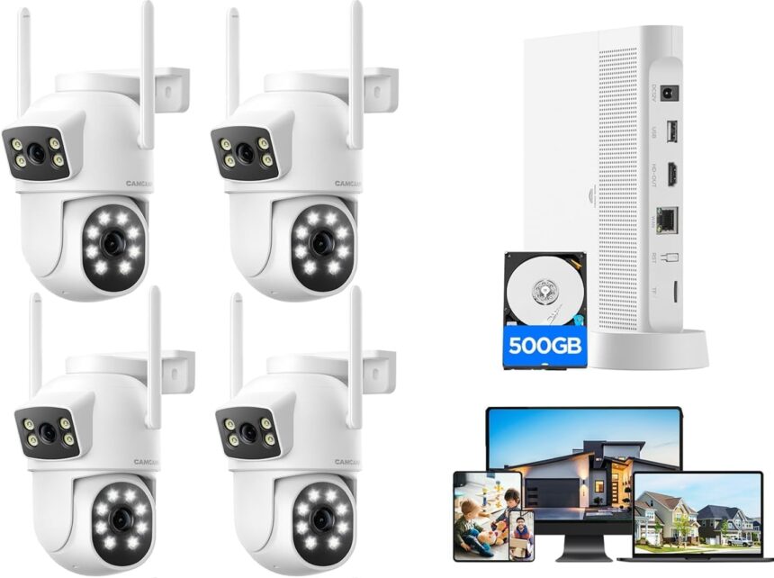 CAMCAMP 2.5K Wireless Outdoor WiFi Surveillance Camera Kit, Dual Lens & Dual View, 360°PTZ, 10CH NVR and 500GB HDD, Two-Way Audio, Colour Night Vision, Auto Tracking, 24/7 Recording
