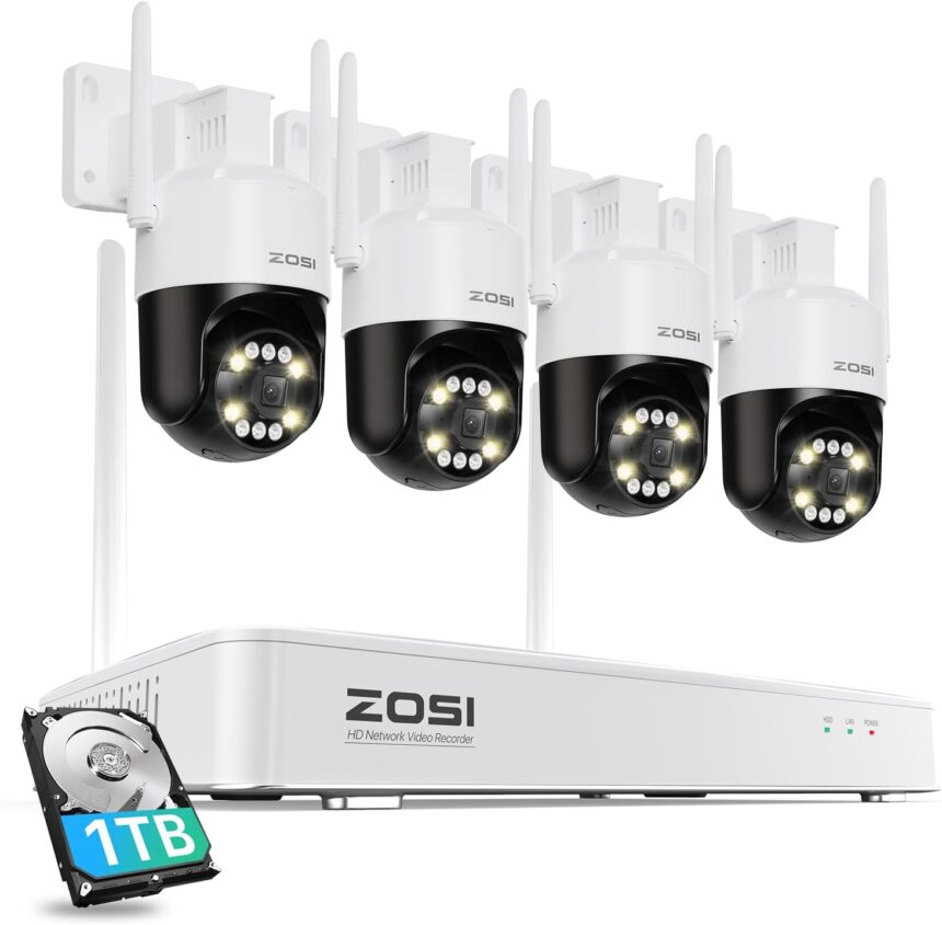 ZOSI 5MP WiFi 6 Surveillance Camera Kit, 360° PT Camera for Outdoor, Person and Vehicle Detection, Two-Way Audio, Sound and Light Alarm, Night Vision Colour