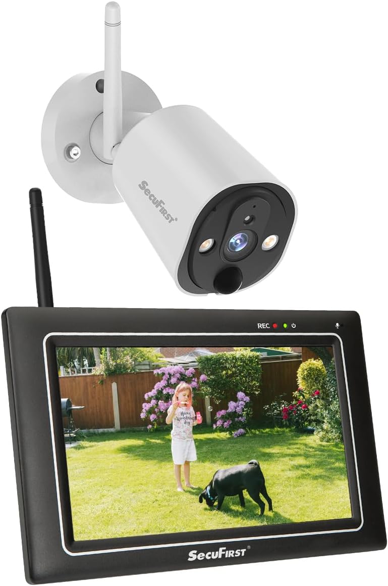 SecuFirst 2K Wireless Outdoor Surveillance Camera Kit with Indoor Monitor,7 Inch Touch Screen,Video Babyphone Camera,Work Without WiFi,Motion Detection,64GB SD Card, Intercom