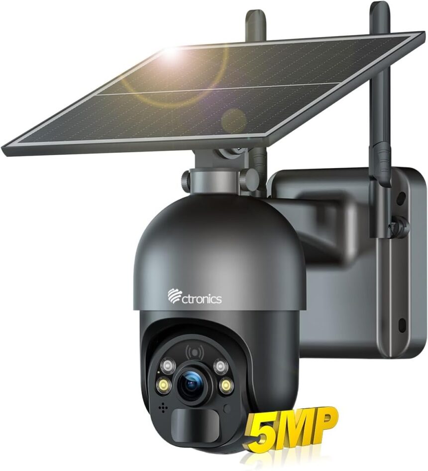 Ctronics 5MP Outdoor Wireless Surveillance Camera, 6W Solar Panel, Sound & Light Alarm, Remote Control PC/Phone, FTP, Color Night Vision, Human Detection