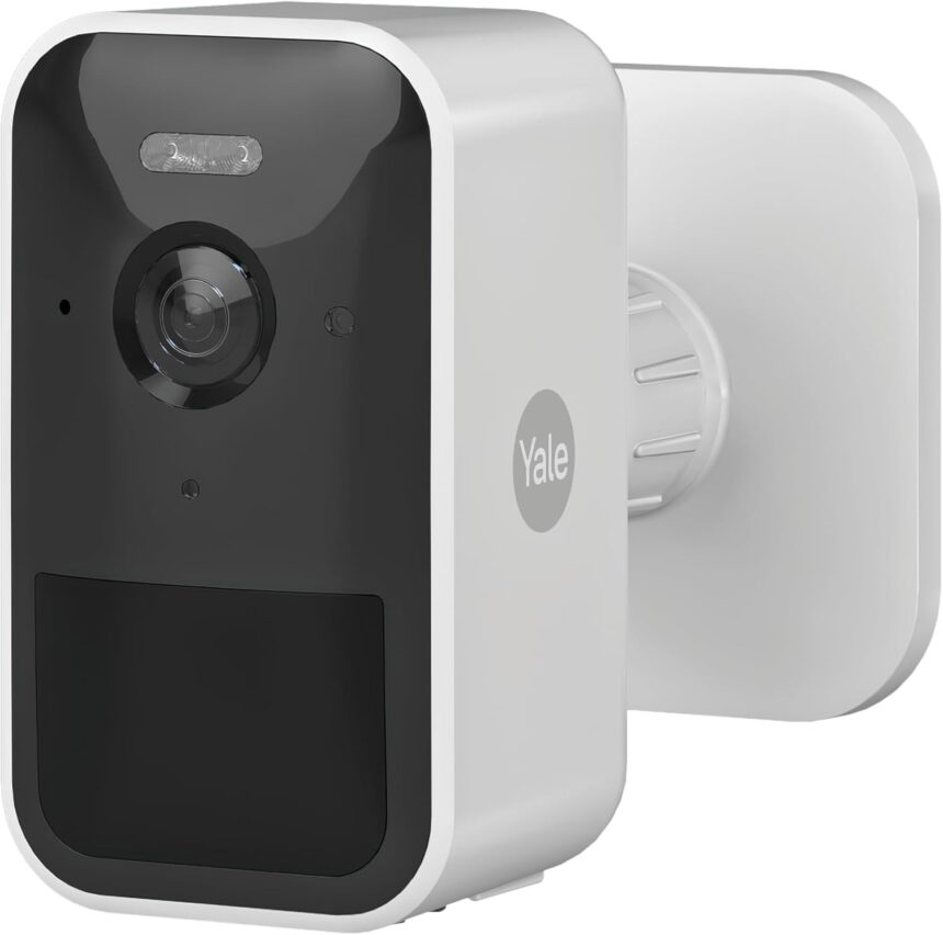 Yale Caméra Surveillance WiFi extérieure sans fil, Full HD, Vision nocturne, projecteur LED Visionnage & Alerte en temps réel sur appli Audio bidirectionnel Détection IA, Compatible Alexa, Google Home