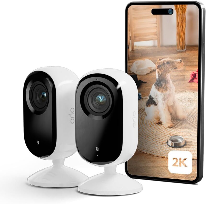 Arlo Essential 2 Indoor 2K Indoor WiFi Pet Surveillance Camera, Night Vision, Two-Way Audio, with Lens Shutter, Arlo Secure Test Included, 2 White Camera