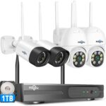 【PTZ + 5MP】 Outdoor WiFi Surveillance Camera Kit, 20 m Colorful Night Vision, Hiseeu Video Surveillance Kit 10CH NVR 1TB HDD and 4 x 5MP Camera, Motion Detection, 2-Way Audio, Light Sound Alarm