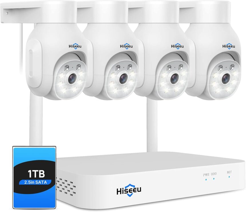【5MP PTZ + 10CH NVR】 Hiseeu Outdoor WiFi Surveillance Camera Video Kit with 1TB HDD, Night Vision, Colour Night Vision, Human Detection, Sound Alarm, Remote Access, Wireless, Smartphone