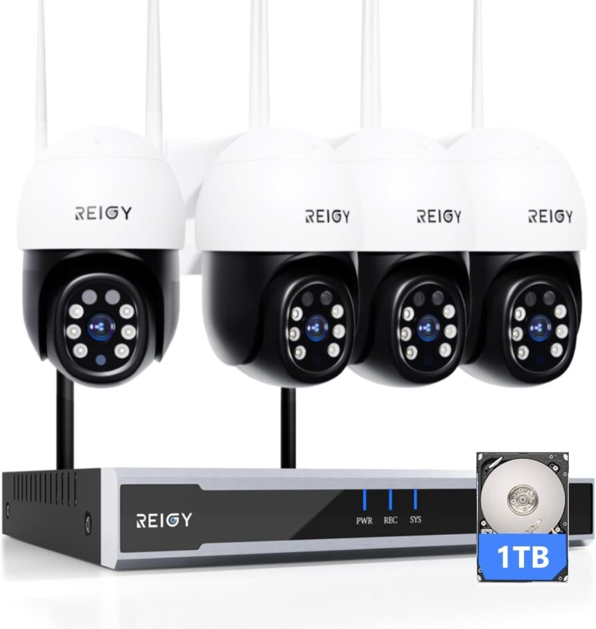 REIGY 5MP Outdoor WiFi Surveillance System with 1TB Hard Disk, Video Surveillance Camera Kit 16CH NVR + 4X 1920P Camera, Two-Way Audio, Colorful Night Vision IP66 Waterproof