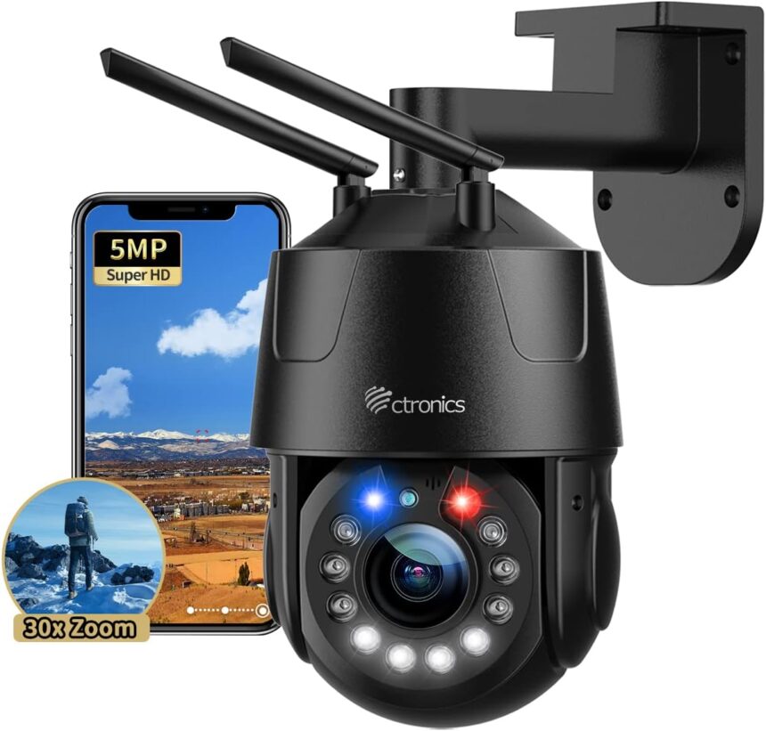 Ctronics 5MP 30X Optical Zoom Metal Outdoor WiFi Surveillance Camera 5/2.4Ghz, PTZ IP Camera 150 m Colour Night Vision, Auto Cruise & Zoom, Audible and Light Alarm, IP66 (Black)