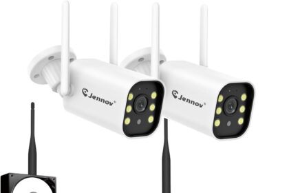 Jennov 5MP Outdoor Surveillance Camera Kit, 10CH 5MP NVR with 2x 5MP WiFi Camera with 120° Wide Angle, 24/7 Recording, Human Detection, Two-Way Audio, Night Vision Colour, 500G HDD