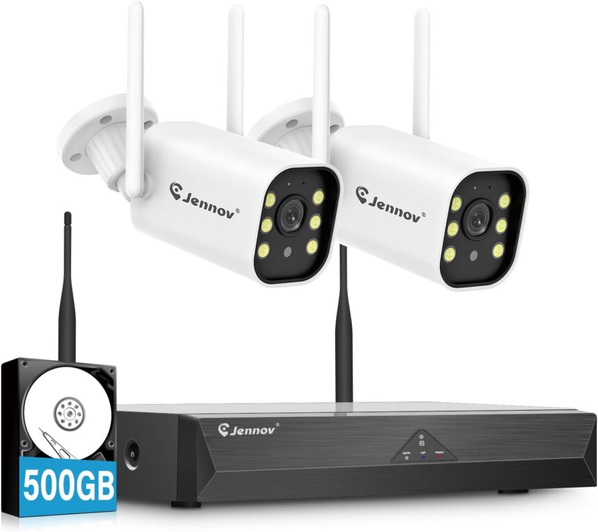 Jennov 5MP Outdoor Surveillance Camera Kit, 10CH 5MP NVR with 2x 5MP WiFi Camera with 120° Wide Angle, 24/7 Recording, Human Detection, Two-Way Audio, Night Vision Colour, 500G HDD