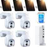 CAMCAMP 4MP PTZ WiFi Surveillance Camera Kit with Solar Panel, Video Surveillance Kit with 10CH 500GB NVR and 4X 4MP PTZ Cameras, Spotlight, Two-Way Audio, Person Detection, IP66