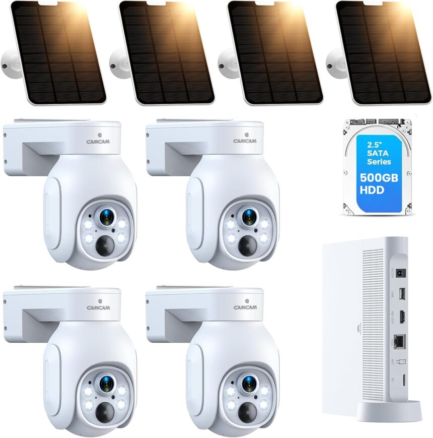 CAMCAMP 4MP PTZ WiFi Surveillance Camera Kit with Solar Panel, Video Surveillance Kit with 10CH 500GB NVR and 4X 4MP PTZ Cameras, Spotlight, Two-Way Audio, Person Detection, IP66