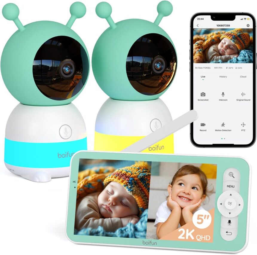 BOIFUN 2K Baby Monitor 2 Cameras, 5" Split Screen, Colorful Night Lights 360° Rotation, Motion Monitoring, Automatic Tracking, Monitor & Smartphone Control, ABS Safety Material