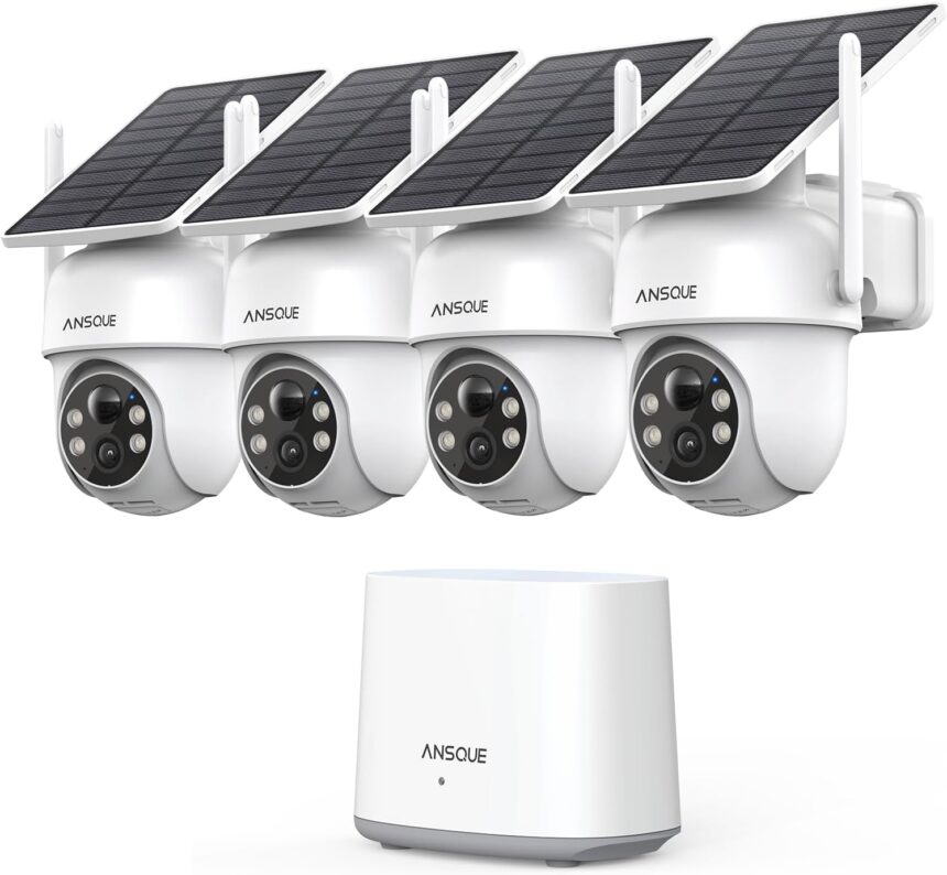 ANSQUE 2K Wireless Wireless WiFi Surveillance Camera with Battery, 4 Cameras Kit with Homebase, Zero Cool, PTZ 360°, Automatic Monitoring, Colour Night Vision, Sound Light Alarm