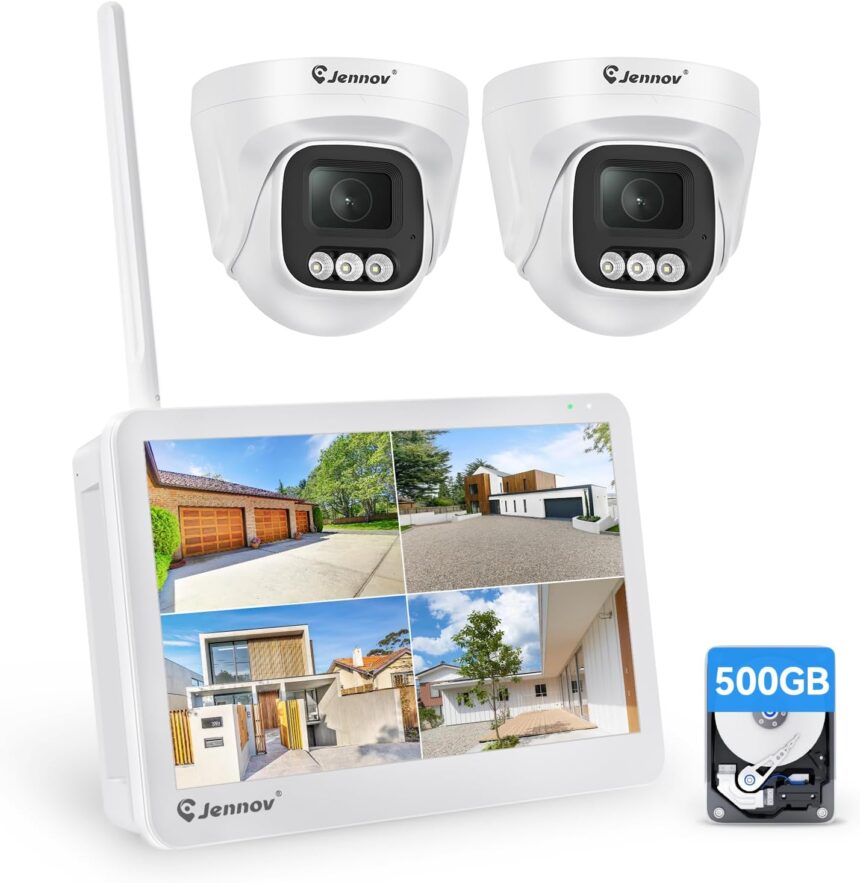Jennov 5MP WiFi Surveillance Camera Kit with 10 Inch Monitor, 10CH 5MP NVR, 4pcs 5MP WiFi IP Camera with 120° Wide Angle, Night Vision Colour, Human Detection, 24/7 Recording, 500 GB HDD