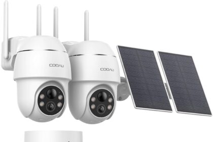 COOAU 4MP Wireless Outdoor WiFi Surveillance Camera – 365 Days with Solar Panel – Base + 2 Cameras – 2.5K | 64GB Local Storage | 360° Panoramic | 4 LEDs | Data Encryption