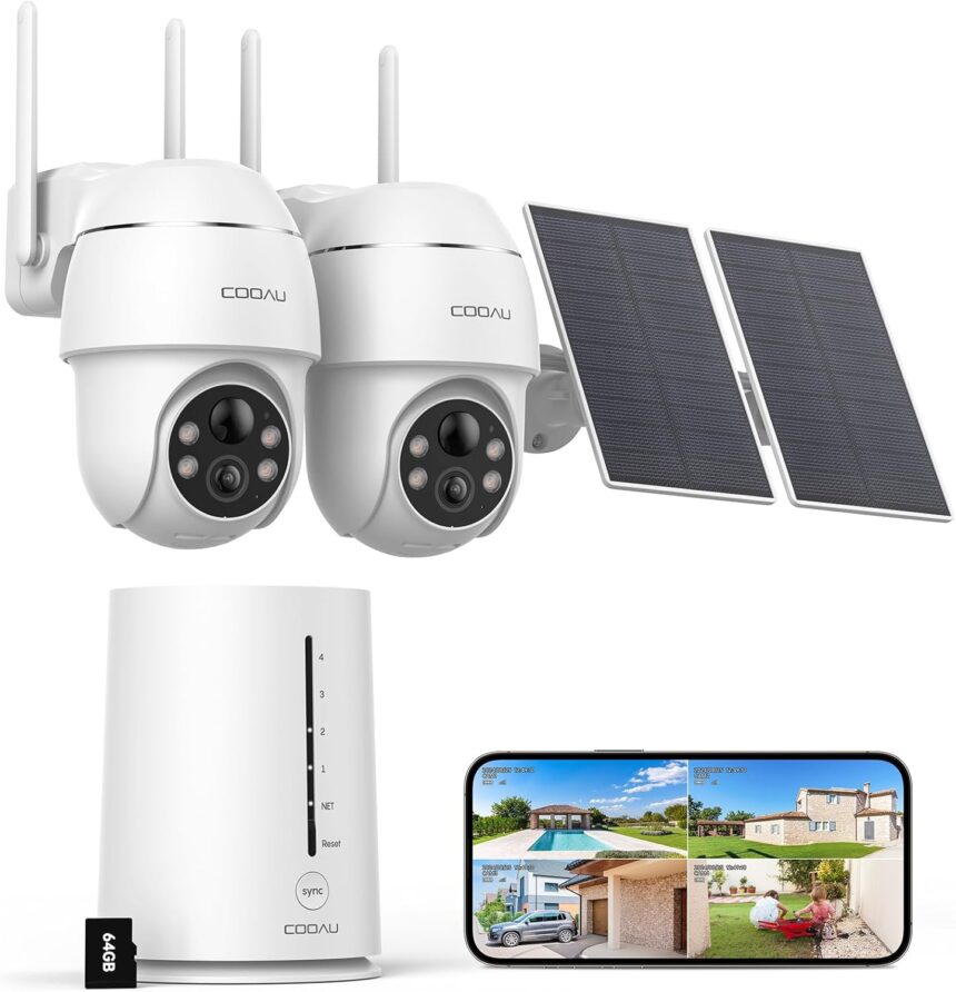 COOAU 4MP Wireless Outdoor WiFi Surveillance Camera – 365 Days with Solar Panel – Base + 2 Cameras – 2.5K | 64GB Local Storage | 360° Panoramic | 4 LEDs | Data Encryption