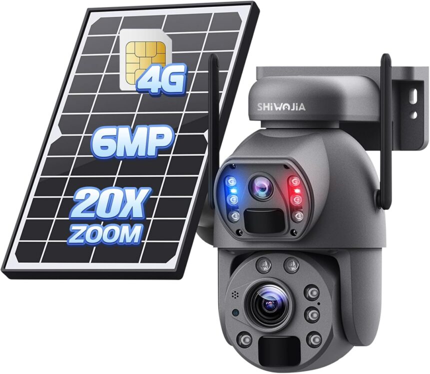 SHIWOJIA Dual Lens Outdoor Solar Camera 4g, 20x Zoom, 2K 6MP Outdoor Wireless Solar Camera, Color Night Vision, Human PIR Detection, IP66