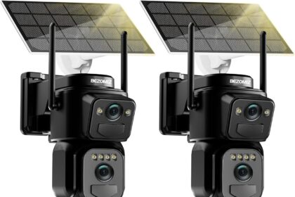 BEZOMIZ 4K Dual Lens Outdoor WiFi Surveillance Camera, 360° PTZ IP Camera, 8MP Human Detection with Solar Panel, Automatic Tracking, Night Vision Color