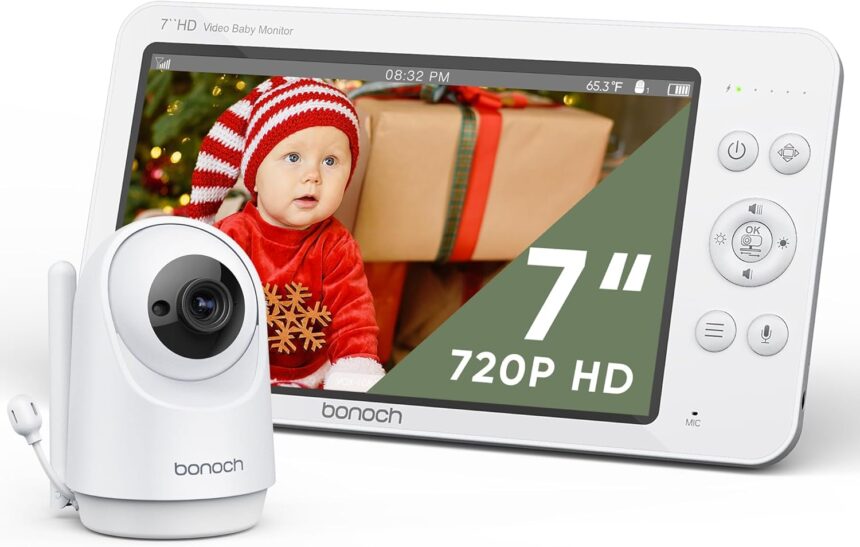 bonoch 7 Inch Baby Camera, Baby Camera 720P, Video Monitor for Baby, 6000mAh 25 Hours, Night Vision, Two-Way Communication, VOX, Automatic Night Vision, Remote PTZ, Lullabies