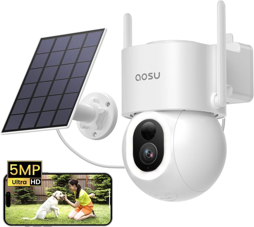 AOSU 3K 5MP Wireless Outdoor WiFi Surveillance Camera, High Capacity Mobile Solar Panel, 360° PTZ, AI Detection Person, Car, Animal, Wire Mesh Area Protection, Sound and Light Alarm