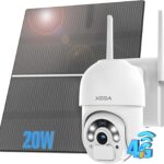 Xega 4G LTE Solar Surveillance Camera with SIM Card 20 W Solar Panel, 24/7 Continuous Recording, 20,000 mAh Battery, 2K Outdoor Wireless Camera, Night Vision, Motion Detection, IP66