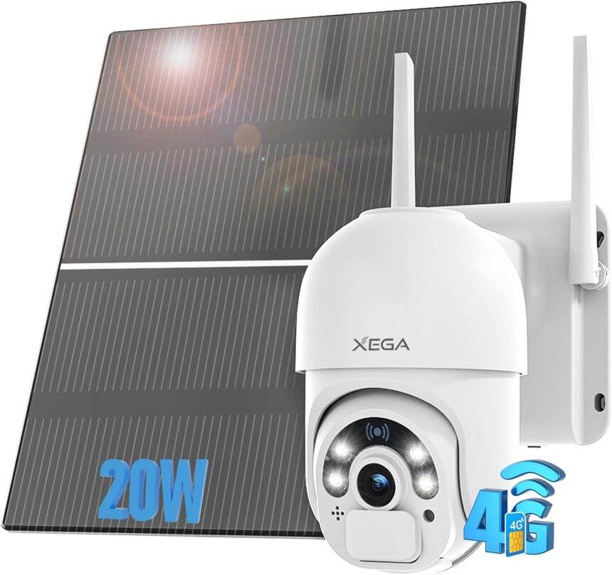 Xega 4G LTE Solar Surveillance Camera with SIM Card 20 W Solar Panel, 24/7 Continuous Recording, 20,000 mAh Battery, 2K Outdoor Wireless Camera, Night Vision, Motion Detection, IP66
