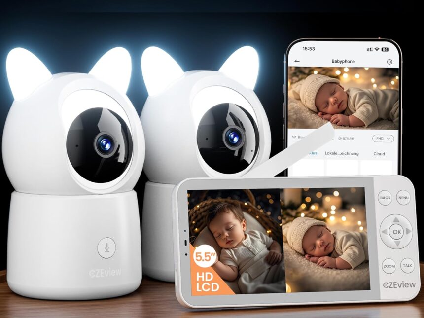 CZEview 2K Baby Monitor 2 Cameras & 5.5 Inches HD Ultra Large Monitor, Top Image Quality, 360°, APP, Night Light & Music, Night Vision, Baby Video Camera, Motion Crying Detection & Alert