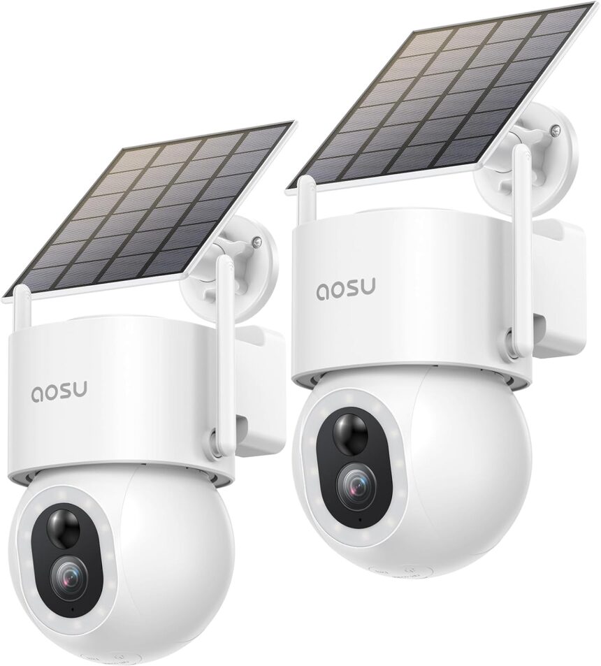 AOSU 3K 5MP Wireless Outdoor WiFi Surveillance Camera, High Capacity Mobile Solar Panel, 360° PTZ, AI Detection Person Car, Animal, Fire, Alarm, Night Vision Colour, 2 Pkg