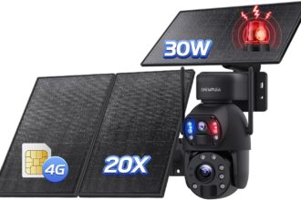 SHIWOJIA 3G/4G LTE Solar Surveillance Camera with 30W Solar Panel 20,000mAh Battery 6MP Outdoor Wireless Camera [24/7 Recording], Dual Lens Dual PIR IP66