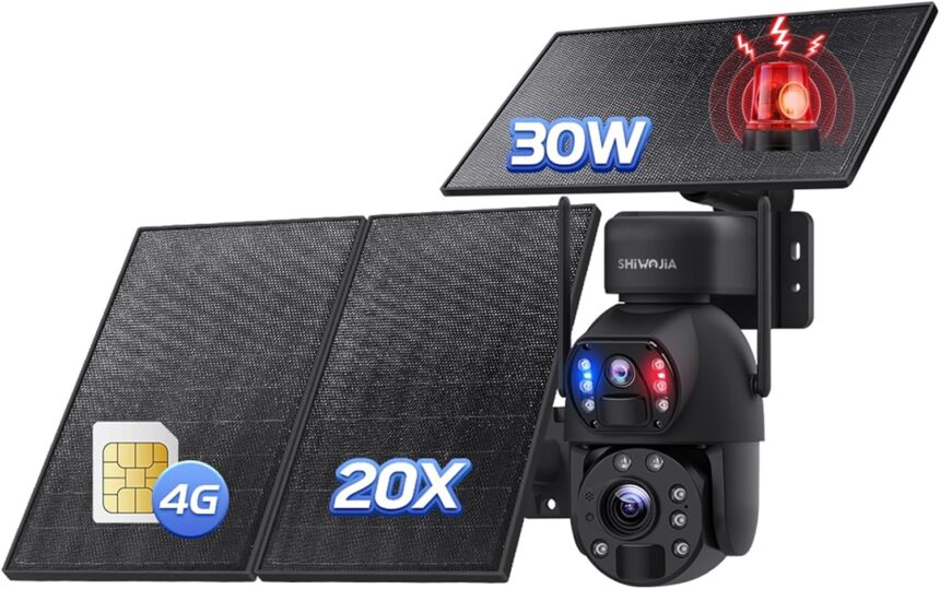 SHIWOJIA 3G/4G LTE Solar Surveillance Camera with 30W Solar Panel 20,000mAh Battery 6MP Outdoor Wireless Camera [24/7 Recording], Dual Lens Dual PIR IP66