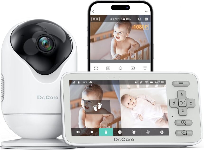 Dr.Care VistaView Lite Smart WiFi Babyphone Camera with Phone App, 4 Inch 720P Split Screen Camera 1080P Camera Baby Monitoring, Motion Alerts, HD Night Vision, 3000mAh Battery