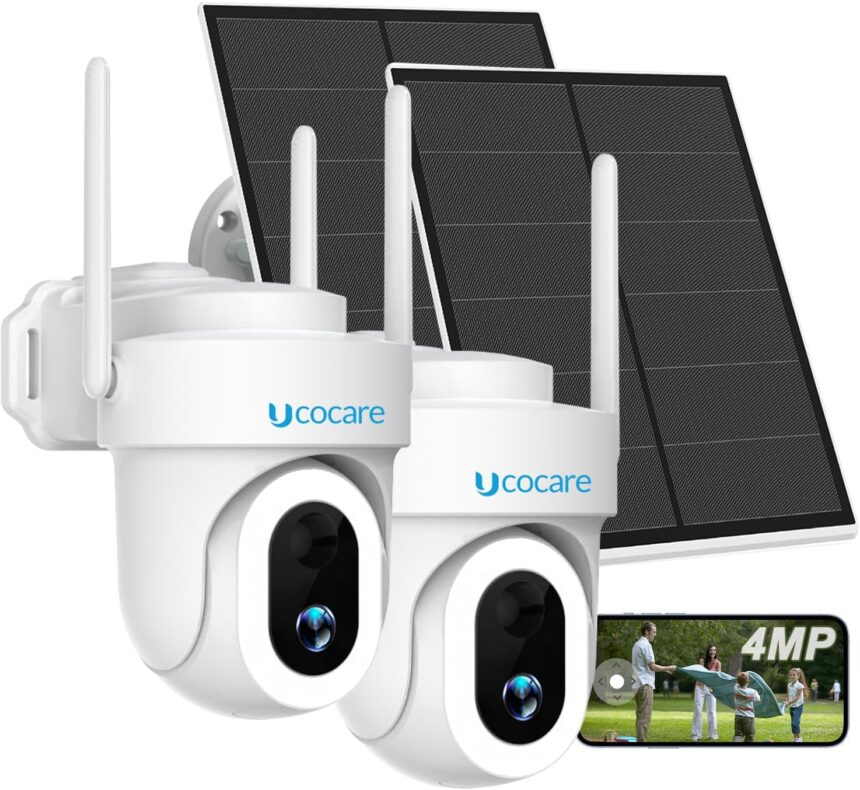 UCOCARE 4MP QHD Wireless Solar Outdoor WiFi Surveillance Camera 2 Pieces, 360° Camera Battery 15000mAh, PIR Detection, 30m Night Vision Colour with 14 LEDs, Two-Way Audio, Alexa, IP67