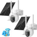 Xega 【2 Pieces 3G/4G LTE Solar Surveillance Camera with Sim Card 2K HD Wireless Outdoor Camera Tilt 355°/90° Tilt 355°/90° WiFi Night Vision Motion Detection IP66