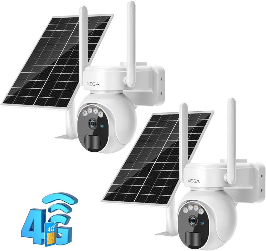 Xega 【2 Pieces 3G/4G LTE Solar Surveillance Camera with Sim Card 2K HD Wireless Outdoor Camera Tilt 355°/90° Tilt 355°/90° WiFi Night Vision Motion Detection IP66