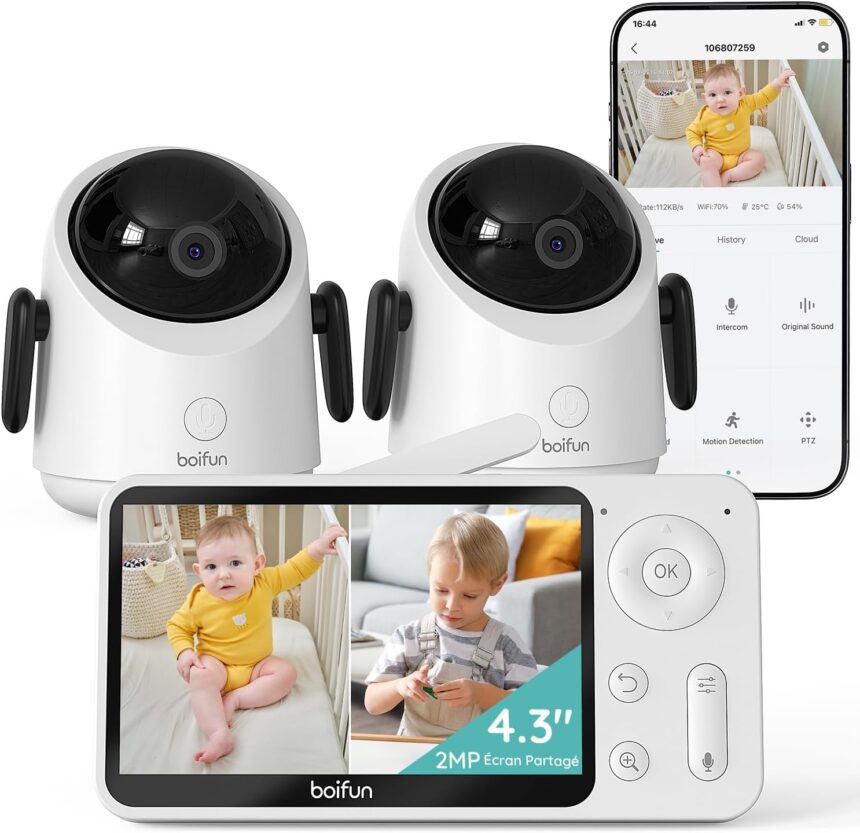 BOIFUN Baby Monitor 2 Cameras, Split Screen, Mobile App and Monitor 4.3" 1080P, Intelligent Detection, 360° Auto Tracking, 4X Zoom, Dual Privacy Protection