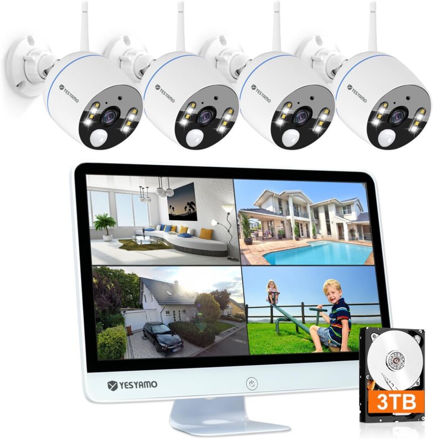 YESYAMO 5MP Wireless WiFi Surveillance Camera Kit, 12 Inch NVR Monitor with 4 Cameras, Sound and Light Alarm, Colour Night Vision, Two-Way Audio, Motion Detection, 3TB HDD