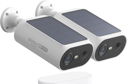 AOSU 2K Wireless Outdoor Surveillance Camera, Base+ 2 Cam, No Monthly Fee, 3MP WiFi Solar Camera with Battery, Integrated Solar Panel, Night Vision Colour, Motion Detector